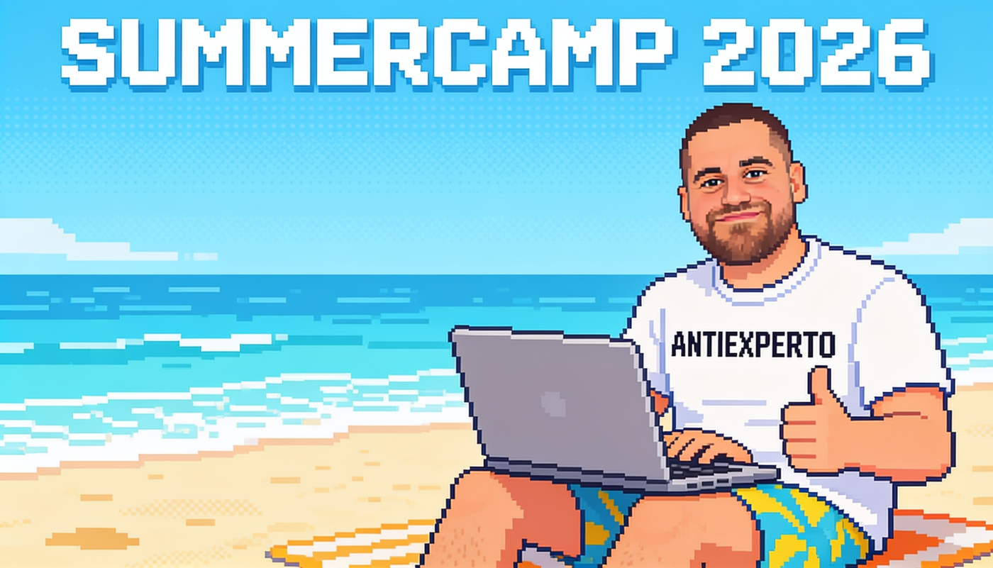 Summercamp 2026. Juan Mora, Antiexperto IA en Salud, en la playa con un portátil.